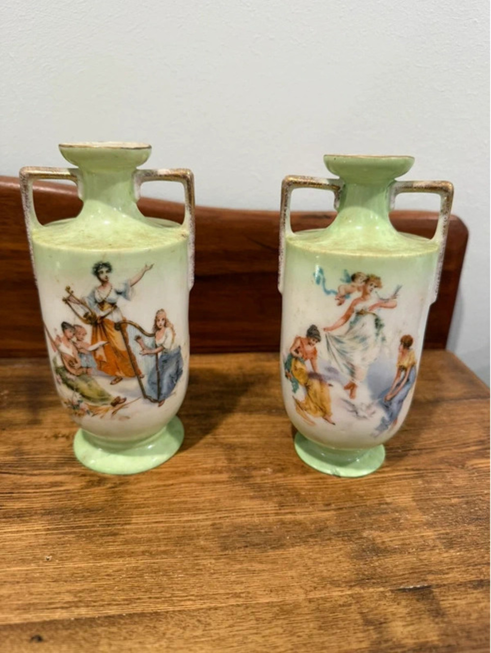 Antique Pair Green Porcelain Double Handle Figural Vases